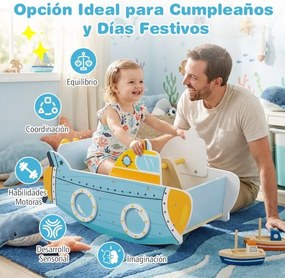 Barco baloiço de madeira de Madeira para crianças com mais de 1 ano 70 x 33,5 x 37 cm, com tema submarino, hélice giratória, Azul+Amarelo