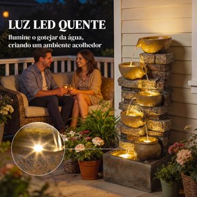 Fonte de Jardim com Iluminação LED e Bomba, Fonte Decorativa em Cascata de 5 Níveis, Fluxo Ajustável, Castanho Rústico