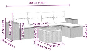 6 pcs conjunto sofás de jardim c/ almofadões vime PE preto