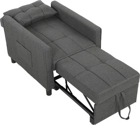 HOMCOM Poltrona Cama Individual 3 em 1 em Tecido Efeito Linho e Madeira com Encosto Reclinável, Almofada, Bolsos, Cinza | Aosom Portugal