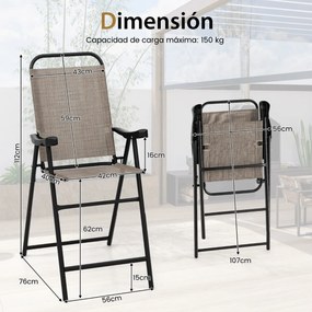 Conjunto de 2 bancos bar altos dobráveis com apoio para os pés Estrutura metálica para varanda Jardim Piscina Terraço 56 x 76 x 112 cm Carga 150 kg Ca