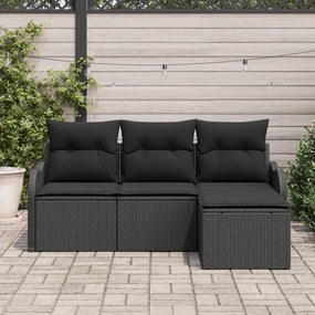 Conjunto de Sofá de Jardim 4 Peças com Almofadas Rattan Preto