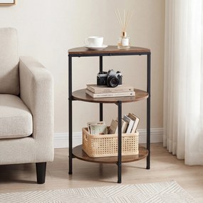 Mesa apoio redonda com 3 estantes 43 x 43 x 63 cm, Estrutura metálica, ideal para o quarto, sala e espaços pequenos, em Castanho rústico