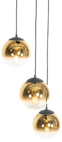 Candeeiro suspenso Art Deco preto com vidro dourado redondo 3 luzes - Pallon Art Deco