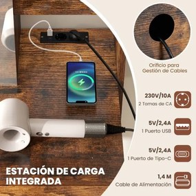 Toucador com espelho retangular com banco e  estação de carregamento, prateleiras abertas e compartimento oculto para quarto, cor castanho