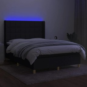 Cama box spring c/ colchão e LED 140x200 cm tecido preto