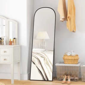 Espelho de pé retangular arredondado com moldura em alumínio e suporte, ideal para a entrada, quarto ou closet, 50 x 161,5 cm, preto