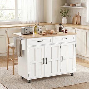 Ilha de cozinha com tampo dobrável, carrinho com rodízios 2 gavetas, 3 portas, suporte para prateleiras e porta-toalhas, branco