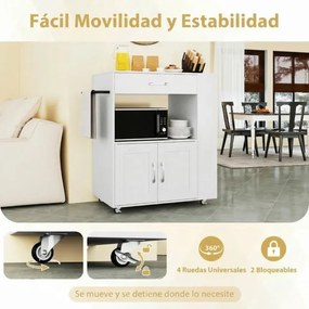 Carrinho de cozinha 75 x 46 x 90,5 cm com rodas bloqueáveis, cubo aberto dupla face, prateleiras laterais, gaveta, toalheiro branco