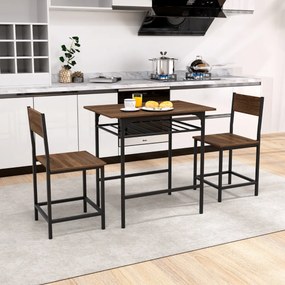Conjunto de mesa de jantar com 2 cadeiras com prateleira aberta, estrutura metálica castanho