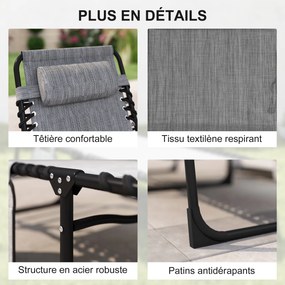 Espreguiçadeira dobrável com encosto reclinável em 5 posições e apoio para a cabeça removível, 189 x 58 x 30 cm, cinzenta