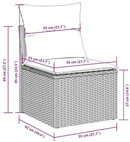 11 pcs conjunto sofás de jardim c/ almofadões vime PE cinzento