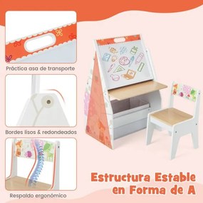 Conjunto de mesa e cadeira para crianças com 2 recipientes de pano amovíveis Quadros de giz magnéticos e quadro branco para brincar a desenhar Branca