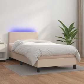 Cama box spring c/colchão/LED 100x200cm couro artif. cappuccino