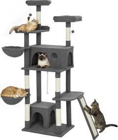 Arranhador para gatos com torre de brincadeiras, arranhador, 3 camas, 2 compartimentos abertos, plataformas e 3 brinquedos suspensos; altura: 174 cm;