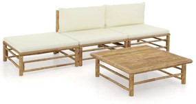 4 pcs conj. lounge p/ jardim em bambu c/ almofadões branco nata