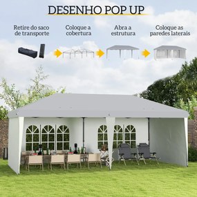 Tenda Dobrável 6x3 m Pop-up com 4 Laterais Desmontáveis Tenda de Jardim com 2 Janelas Visíveis Saco de Transporte Branco