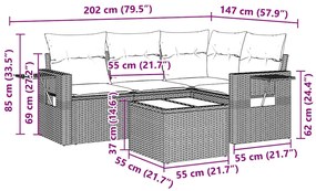 5 pcs conj. sofás jardim c/ almofadões vime PE cinzento-claro