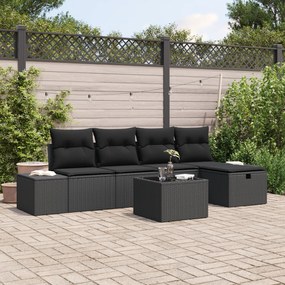 Conjunto de Sofá de Jardim de 6 Peças Com Almofadas Preto Rattan Polié