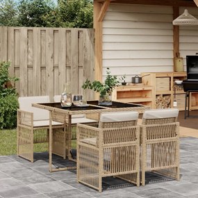 5 pcs conjunto de jantar p/ jardim com almofadões vime PE bege