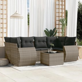 7 pcs conjunto sofás p/ jardim c/ almofadões vime PE cinzento