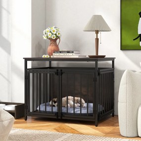 Gaiola para cães 80 x 60 x 64 cm estilo móvel resistente a mordidas com 3 portas e parte superior oca para interior estilo rústico café
