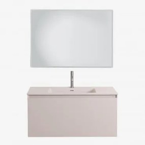 Conjunto De Móvel De Casa De Banho Suspenso Em Madeira Com Lavatório Integrado Macrae Crema Linho & Led Retangular E Anti-embaciamento 100x70 Cm Riben