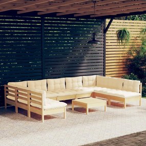 vidaXL 10 pcs conjunto lounge jardim c/ almofadões creme pinho maciço