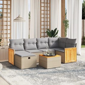 7 pcs conj. sofás jardim c/ almofadões vime PE bege misturado