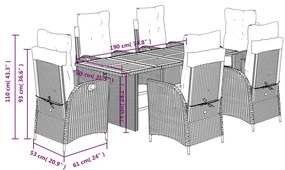 7 pcs conjunto de jantar p/ jardim c/ almofadões vime PE preto