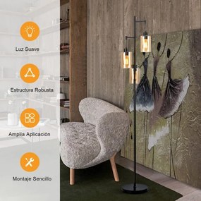 Candeeiro de pé com abajur de vidro âmbar de 3 cabeças, interruptor de pé, base de metal para quarto, 24,5 x 164 cm, preto