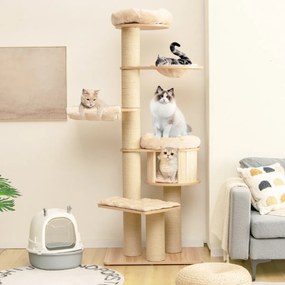 Arranhador para gatos Altura 191 cm Centro de atividades para gatos com poleiro espaçoso Rede postes para arranhar e tapetes laváveis Bege