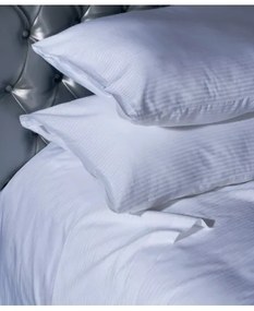 Cama 90 cm - Jogo de lençóis às riscas brancas cetim 300 fios cor branca com vivos em branco: 1 lençol de baixo ajustavel 90x200+30 cm + 1 lençol de cima 180x290 cm + 1 fronha 50x70 cm fecha com pala interna