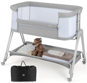 Berço lateral dobrável e portátil para bebés, com 7 alturas ajustáveis, colchão confortável e prateleira de arrumação, 97 x 56 x 86,5 cm, cinzento