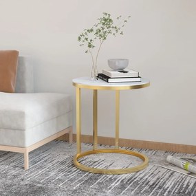 vidaXL Mesa de apoio 45 cm dourada e vidro temperado branco mármore