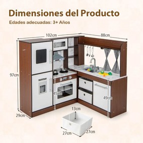 Cozinha de brincar 100 x 88 x 97 cm de canto com luzes e sons Sistema de água Cortinas e cestos Armazenamento e acessórios Café
