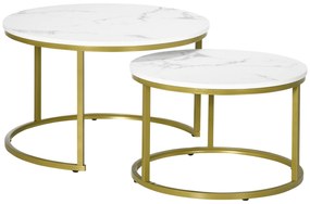 HOMCOM Conjunto de 2 Mesas de Apoio Encaixáveis Mesas Redondas Tampo Imitação de Mármore e Pés em Aço Ø 74x46,3 cm Branco Dourado | Aosom Portugal