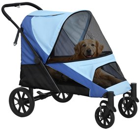 Carrinho para Cães Dobrável com Rodas Grandes Correias de Segurança Estrutura Amortecedora Almofada Lavável 124x67x100 cm Azul