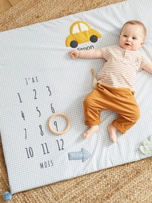 Tapete personalizável com cenário para fotografias de bebé, em gaze de algodão, Carrinhos azul claro quadrados