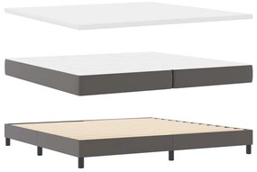 Cama Box com colchão cinza, 200x200 cm, em couro sintético.