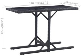 Mesa de jardim 110x53x72 cm vidro e vime PE preto