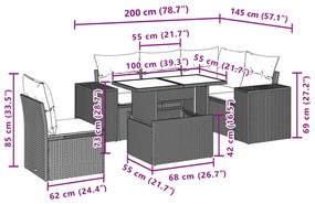 6 pcs conjunto de sofás jardim c/ almofadões vime PE castanho