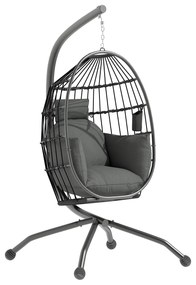 Outsunny Cadeira Suspensa com Suporte Cadeira Baloiço de Jardim com Cesto Dobrável Almofada e Apoio para a Cabeça 120x88x192 cm Preto | Aosom Portugal