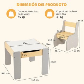 Conjunto de mesa para crianças e 2 cadeiras Mesa de actividades de madeira 4 em 1 para arte, desenho e leitura Quadro negro amovível Cinzento