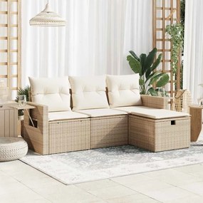 4 pcs conjunto de sofás para jardim c/ almofadões vime PE bege