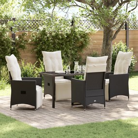 vidaXL Conjunto de Jantar de Jardim de 5 Peças com Almofadas Preto Polirattan