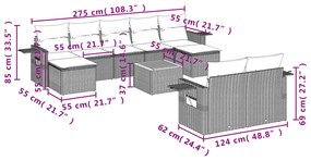 10 pcs conjunto sofás de jardim c/ almofadões vime PE cinzento
