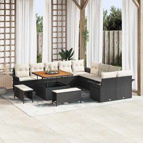 vidaXL Conjunto de sofá de jardim com 13 peças e almofadas pretas em rattan sintético.