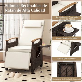 Poltrona jardim de rattan com encosto e apoio para os pés ajustáveis, mesinha rebatível, apoio para a cabeça removível, braços em madeira de acácia, t