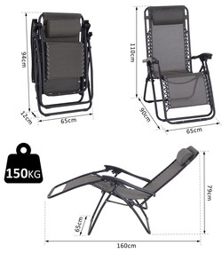 Outsunny Espreguiçadeira Dobrável de Jardim Espreguiçadeira de Gravidade Zero para Pátio Terraço Carga Máxima 150kg 90x65x110 cm Cinza